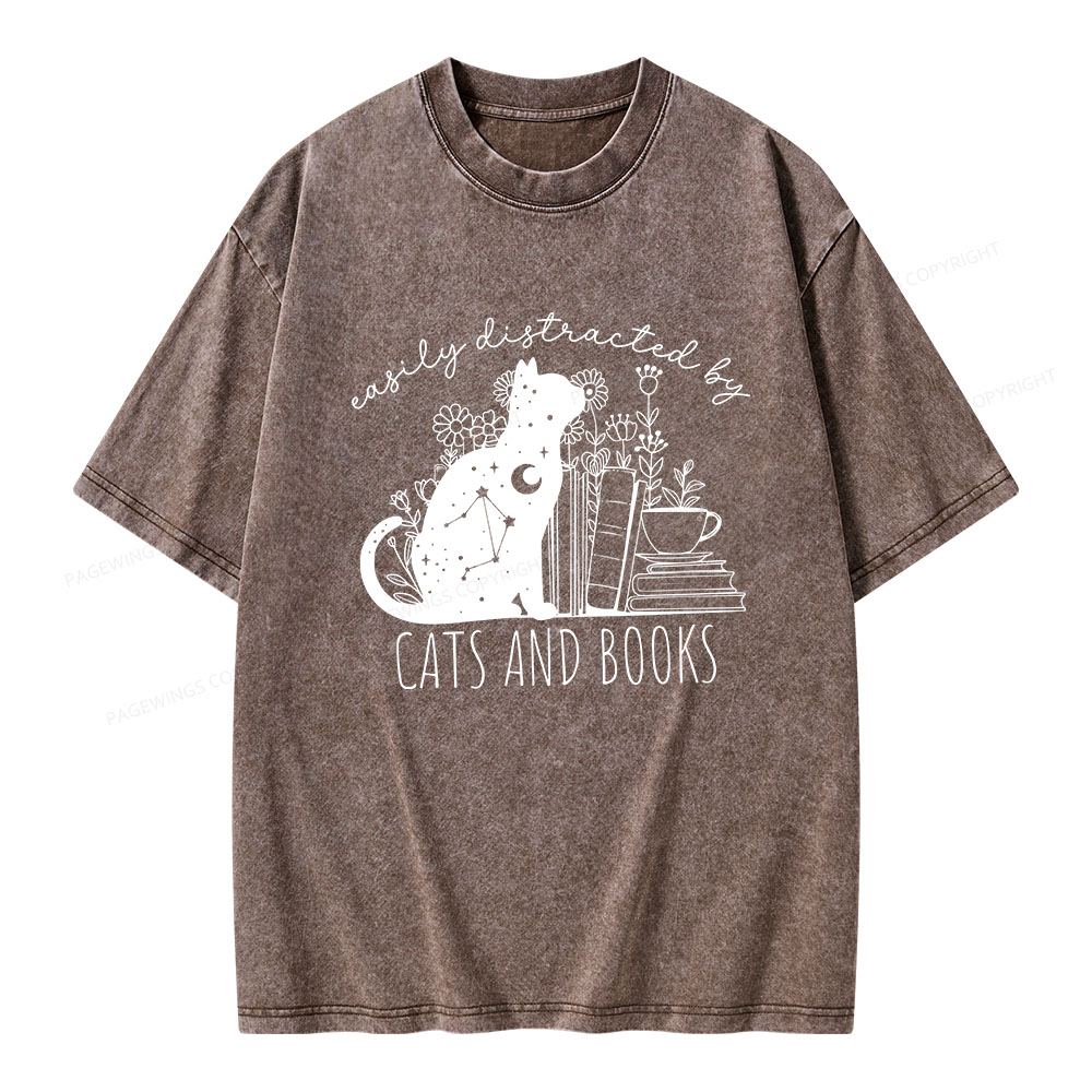 Pagewings Easily Distracted By Cats And Books Unisex Washed T-shirt