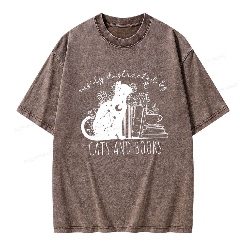 Pagewings Easily Distracted By Cats And Books Unisex Washed T-shirt