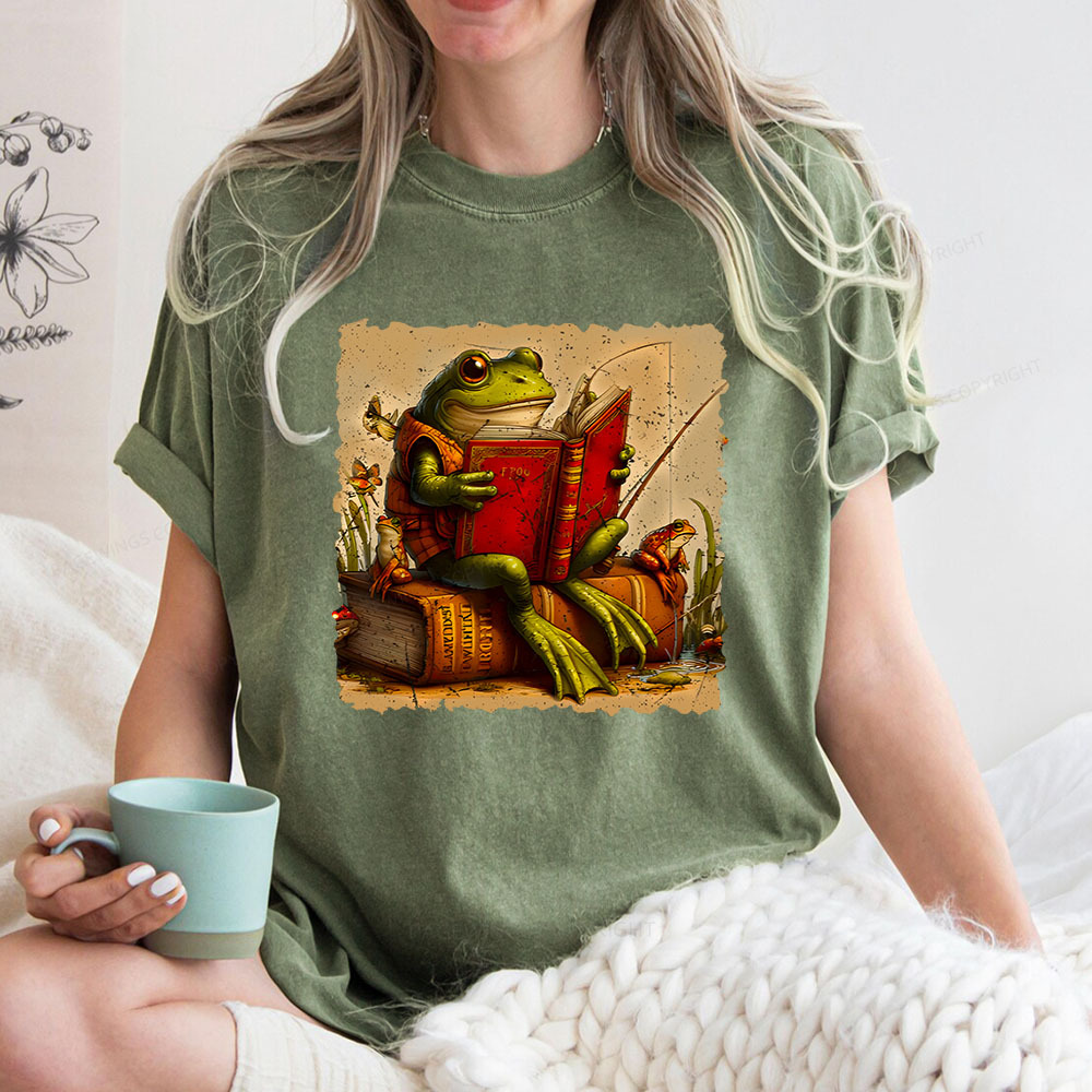 Pagewings Toad Fishing Book Reading Book Unisex Washed T-shirt