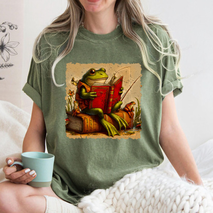 Pagewings Toad Fishing Book Reading Book Unisex Washed T-shirt