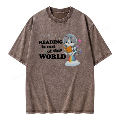 Pagewings Cat Reading in Space Unisex Washed T-shirt