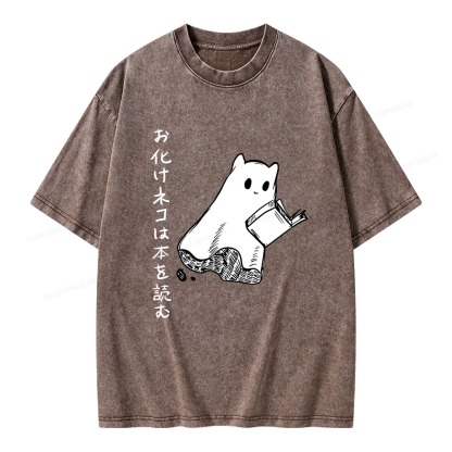 Pagewings Japanese Ghost Cat Reads a Book on Men's Premium T-Shirt Unisex Washed T-shirt