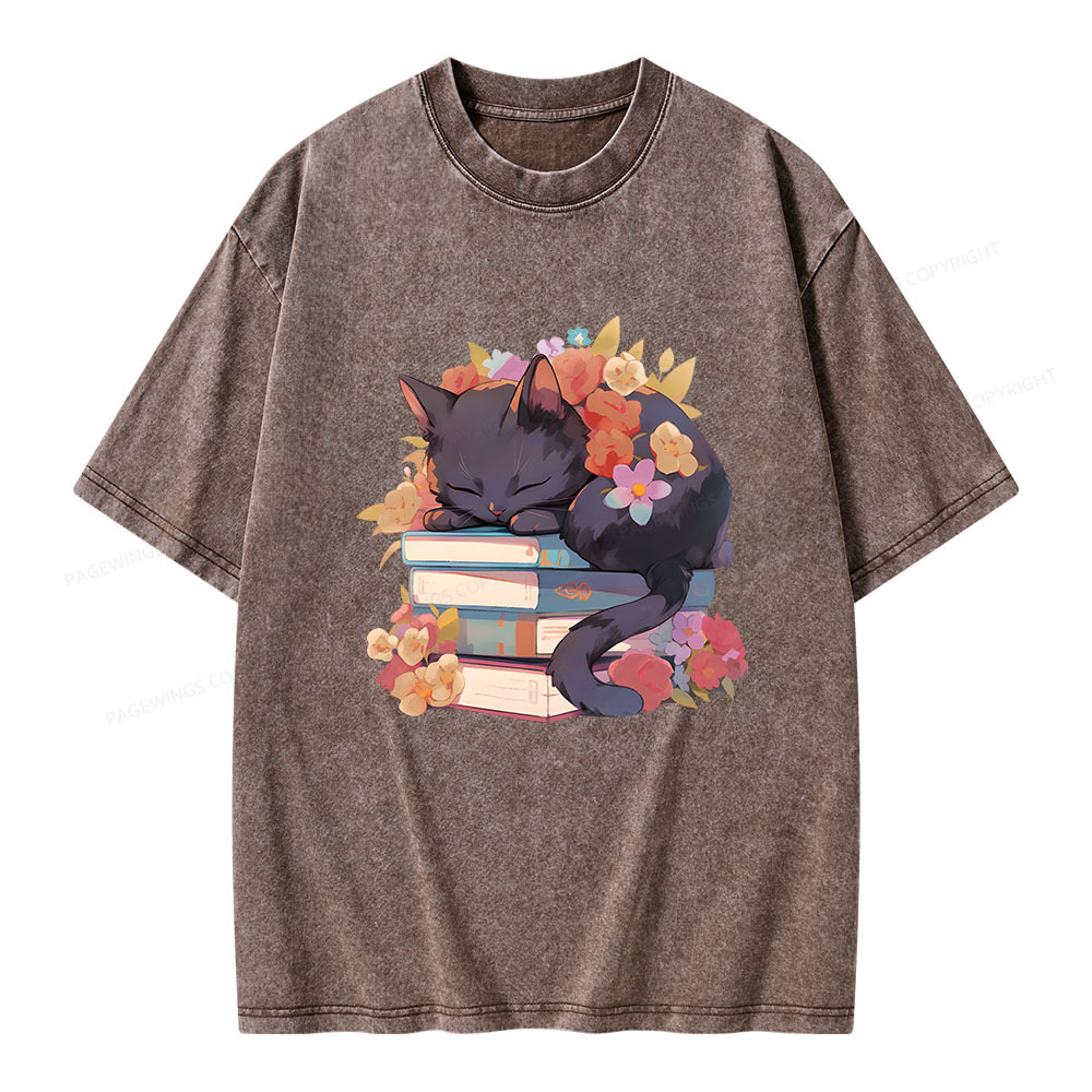 Pagewings Black Cat Sleeping on Books Unisex Washed T-shirt