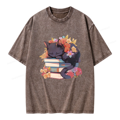 Pagewings Black Cat Sleeping on Books Unisex Washed T-shirt