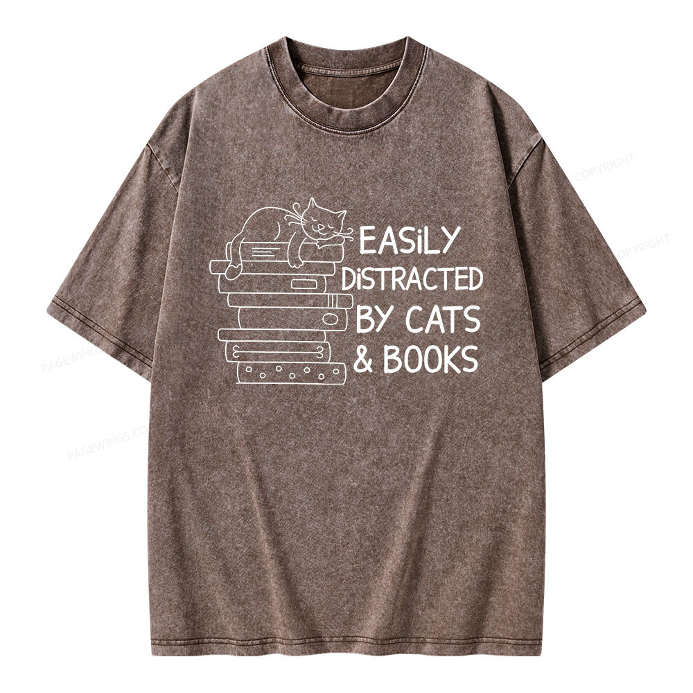 Pagewings Easily Distracted By Cats And Books Unisex Washed T-shirt