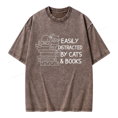 Pagewings Easily Distracted By Cats And Books Unisex Washed T-shirt