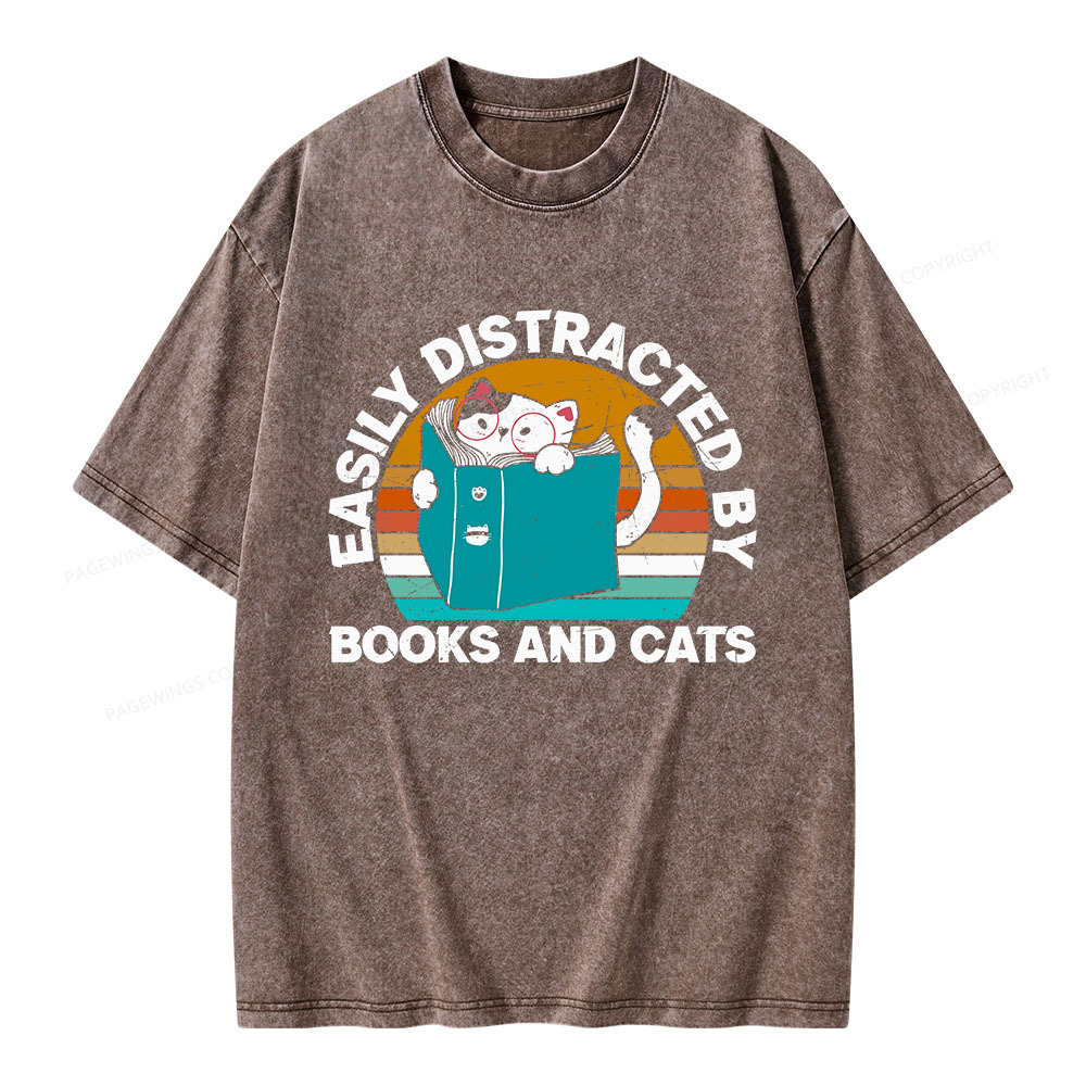 Pagewings Easily Distracted By Books And Cats Unisex Washed T-shirt