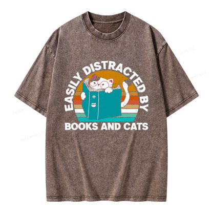 Pagewings Easily Distracted By Books And Cats Unisex Washed T-shirt