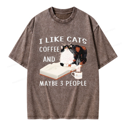 Pagewings I Like Cats Coffee And Maybe 3 People Unisex Washed T-shirt
