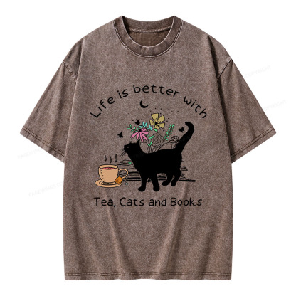 Pagewings Life Is Better With Tea Cats And Books Unisex Washed T-shirt