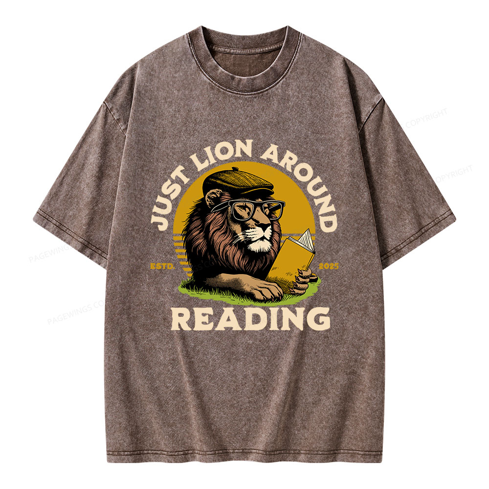 Pagewings Just Lion Around Reading Unisex Washed T-shirt