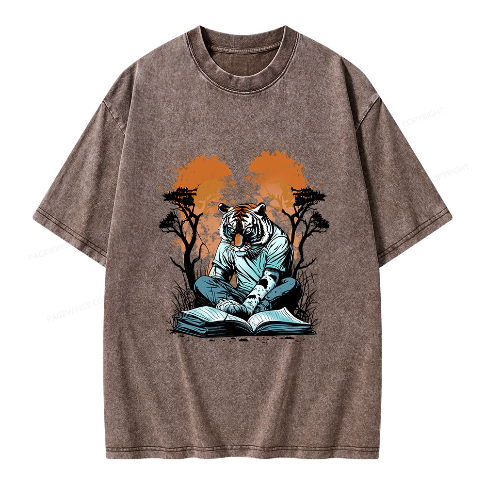 Pagewings Tiger Reading A Book Unisex Washed T-shirt