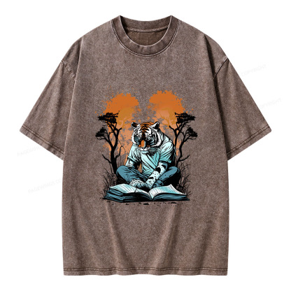 Pagewings Tiger Reading A Book Unisex Washed T-shirt