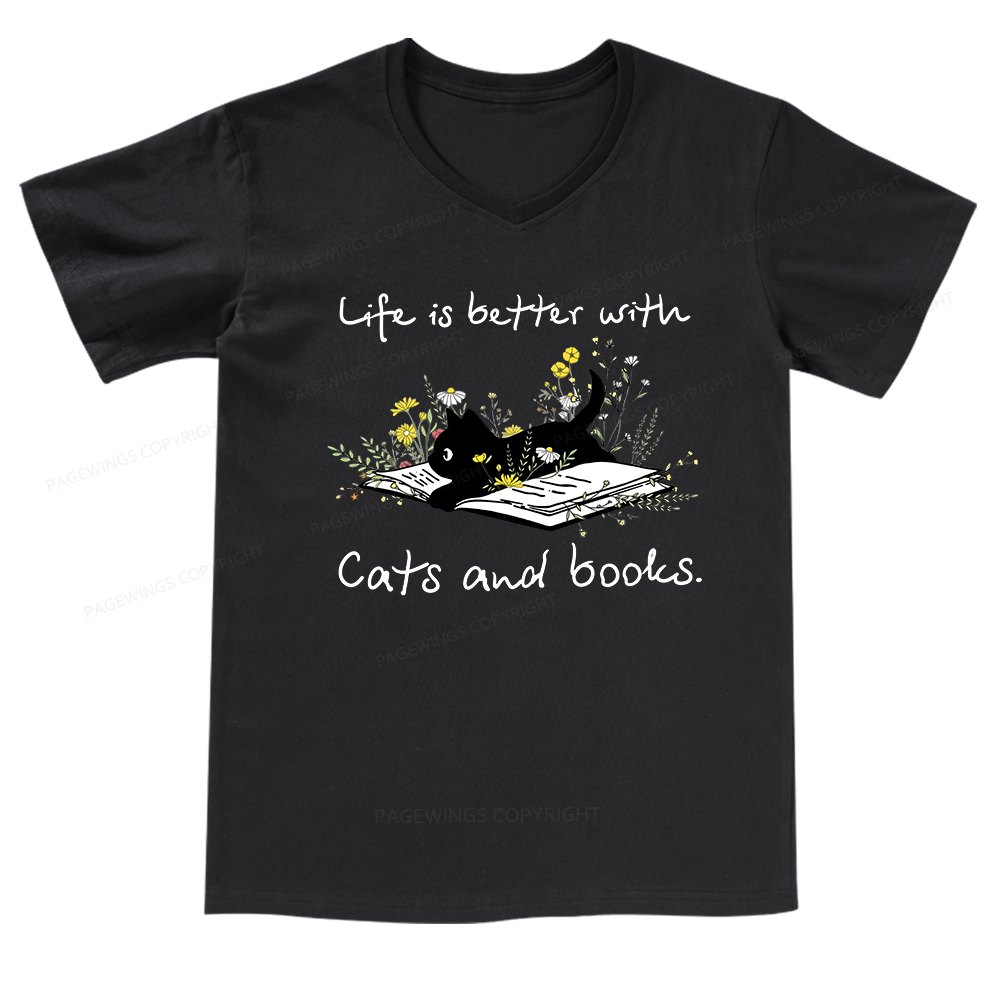 Pagewings Life Is Better With Cats And Books V-neck T-shirt