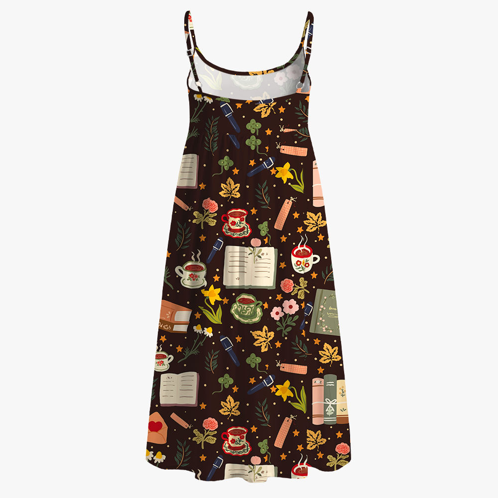 Pagewings Bohemian Book Lover Printed Spaghetti Strap Midi Sundress