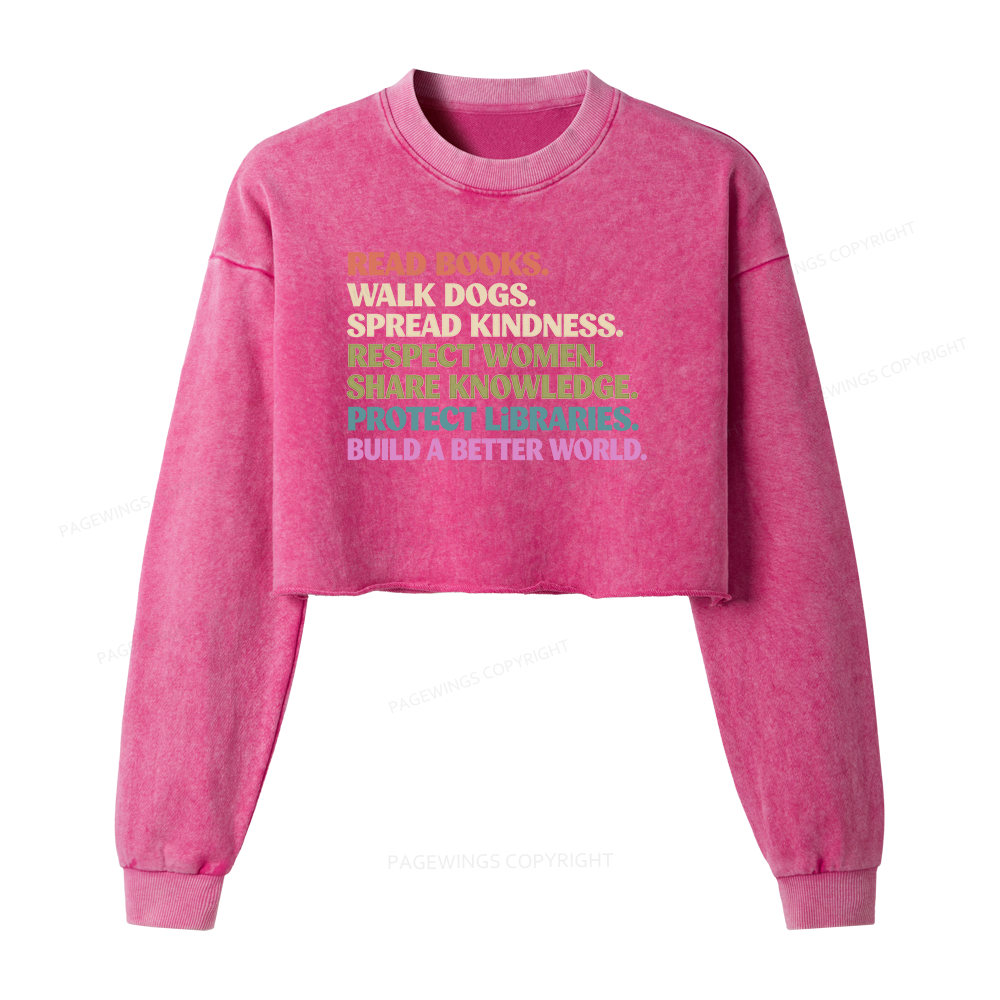 Pagewings Read Books Walk Dogs Washed Crop Sweatshirt