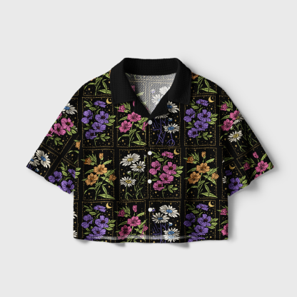 Pagewings Night Garden Wildflower Camp Collar Boxy Fit Unisex Crochet Shirt
