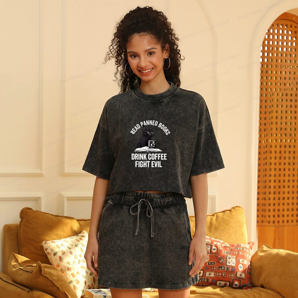 Pagewings Read Books Drink Coffee Fight Evil Women's Washed Cropped T-shirt