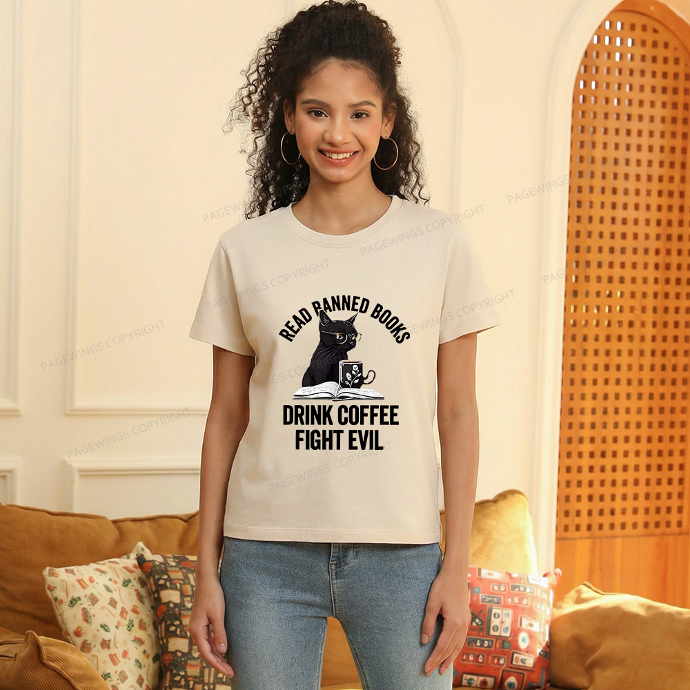 Pagewings Read Books Drink Coffee Fight Evil Women's Washed T-shirt