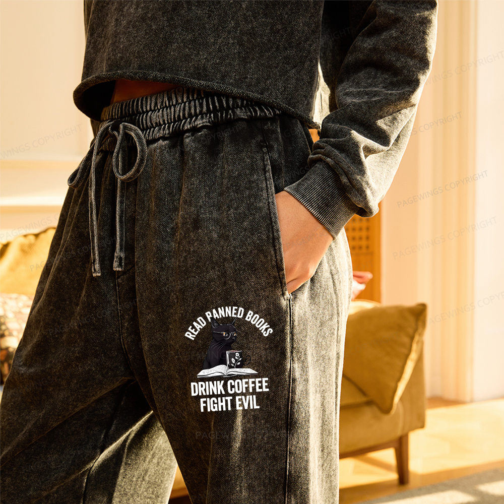 Pagewings Read Books Drink Coffee Fight Evil Unisex Washed Sweatpants