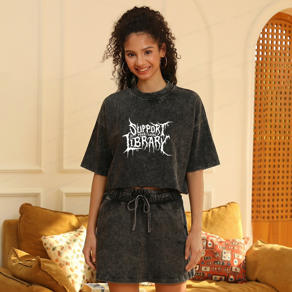Pagewings Support Your Local Library Women's Washed Cropped T-shirt