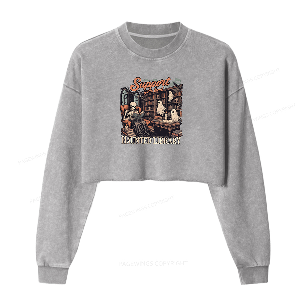 Pagewings Support Your Local Haunted Library Washed Crop Sweatshirt