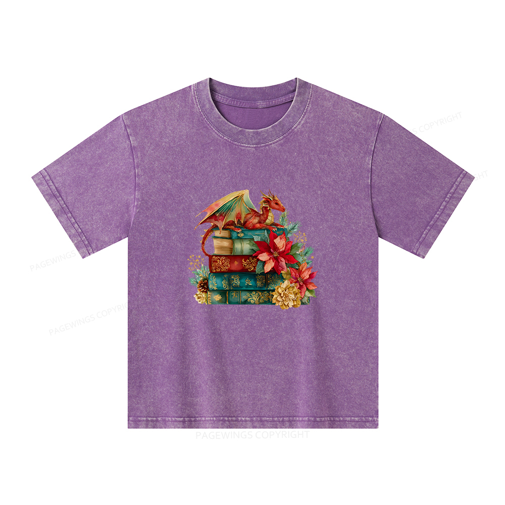 Pagewings Christmas Book Dragon Unisex Kids Washed T-shirt