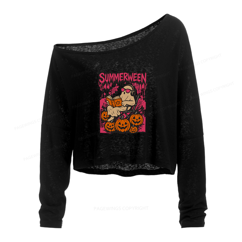 Pagewings Summerween Halloween Slouchy Long Sleeve Off Shoulder T-shirt