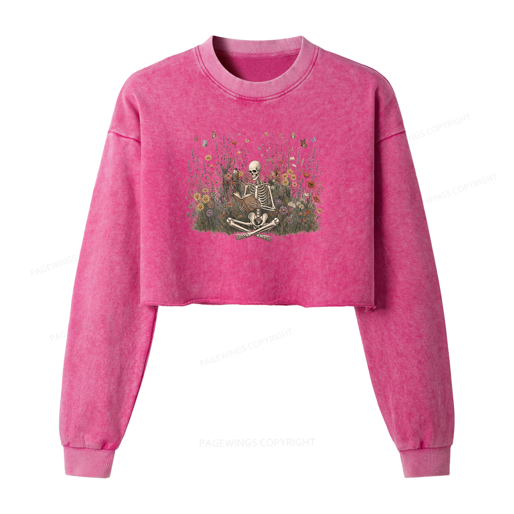 Pagewings Skeleton Reading Book Washed Crop Sweatshirt