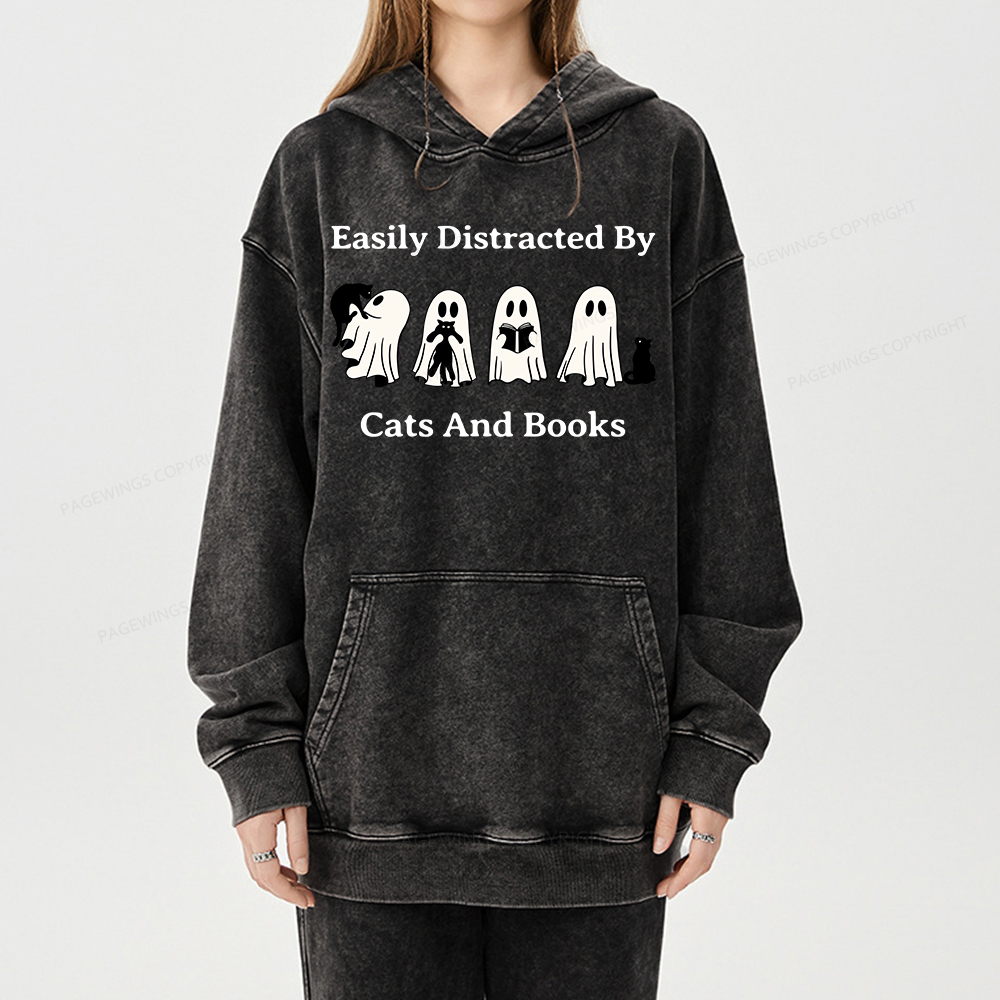 Pagewings Easily Distracted By Cats And Books Unisex Washed Hoodie