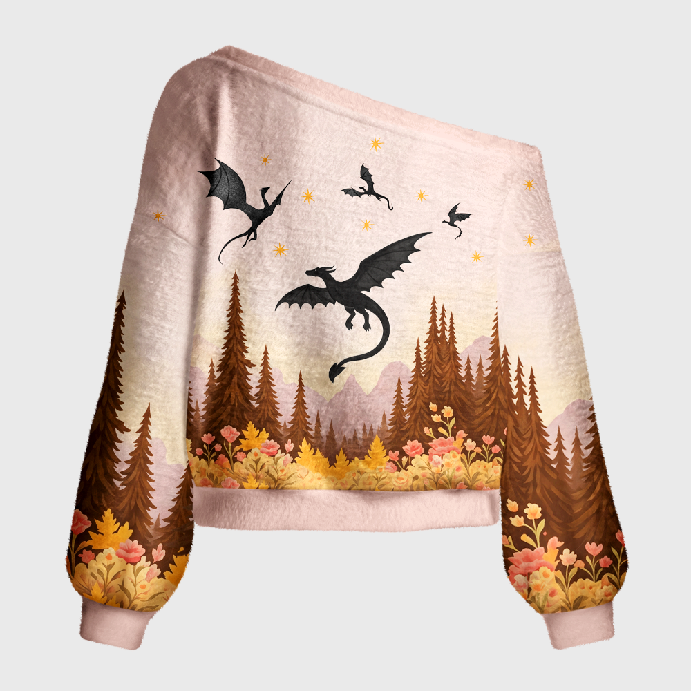 Pagewings Book Dragon Off Shoulder Ugly Knit Sweater