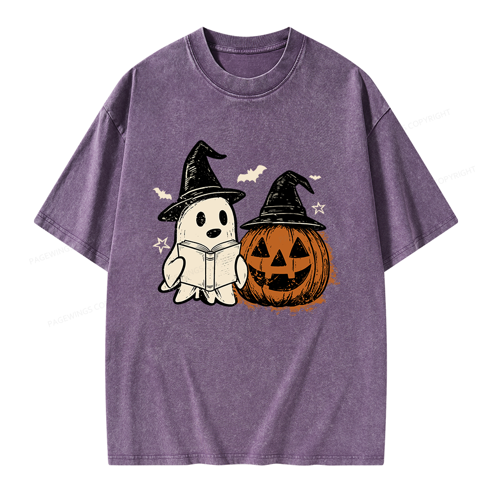 Pagewings Spooky Ghost Pumpkin Halloween Unisex Washed T-shirt