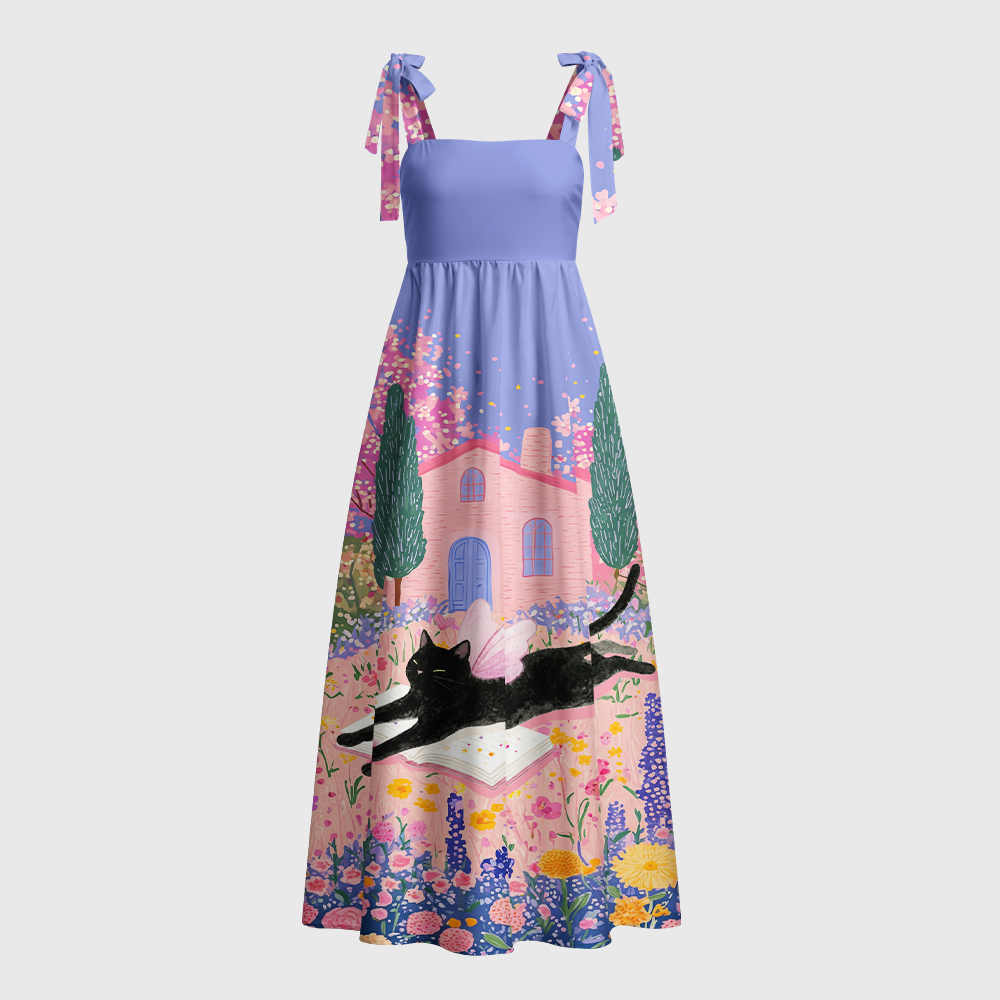Pagewings Black Cat Book Lover Tie Shoulder Maxi Dress