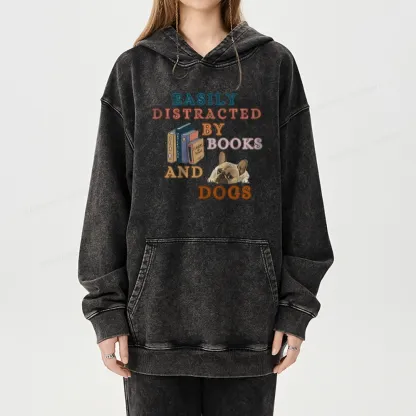 Pagewings Easily Distracted By Books And Dogs Unisex Washed Hoodie