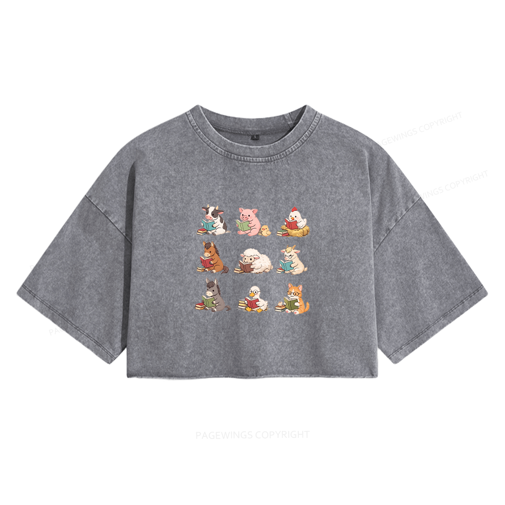 Pagewing Farm Animals Reading Women's Washed Cropped T-shirt