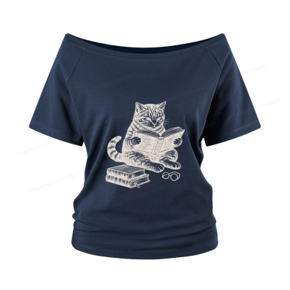 Pagewings Cat Reading Book Women Off Shoulder T-shirts