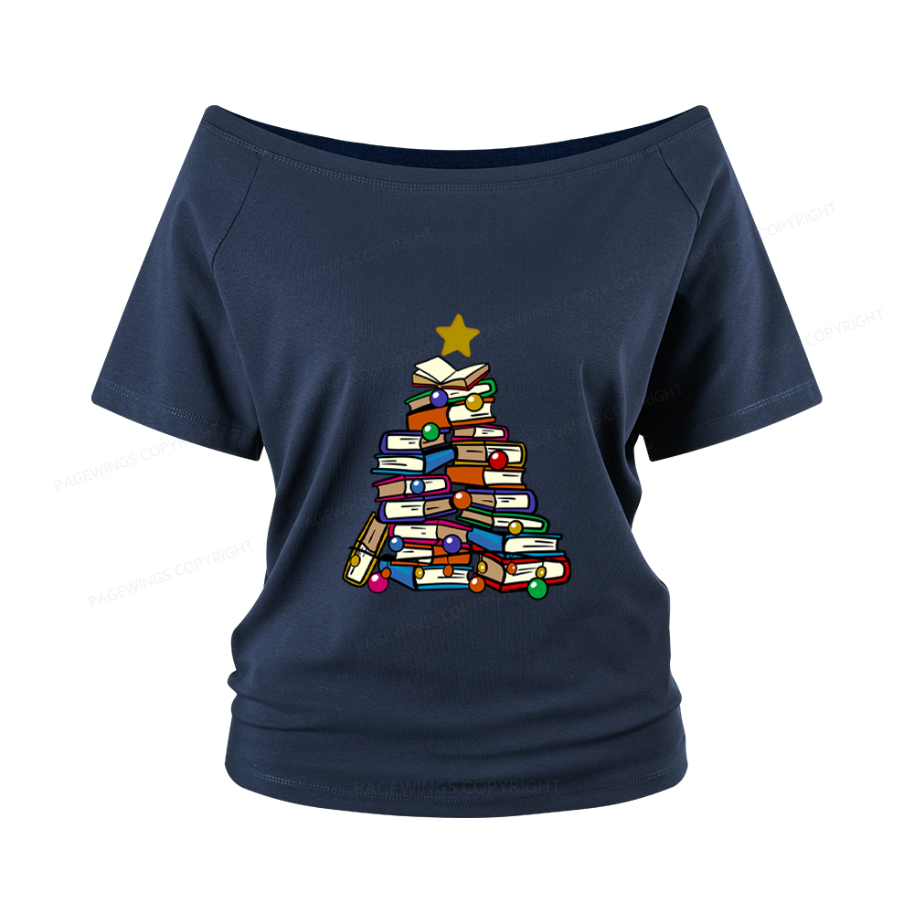 Pagewings Christmas Tree Bookworm Women Off Shoulder T-shirts