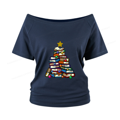 Pagewings Christmas Tree Bookworm Women Off Shoulder T-shirts