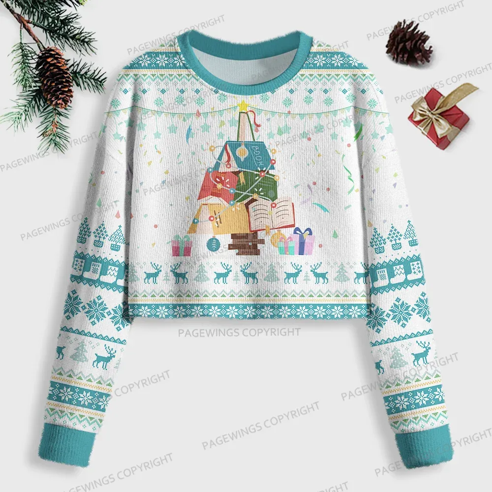 Pagewings Christmas Book Tree Women Ugly Crop Sweatshirt