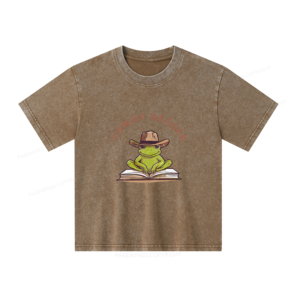 Pagewings Howdy Reader Frog Unisex Kids Washed T-shirt