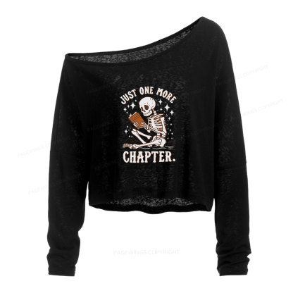 Pagewings Just One More Chapter Halloween Skeleton Slouchy Long Sleeve Off Shoulder T-shirt
