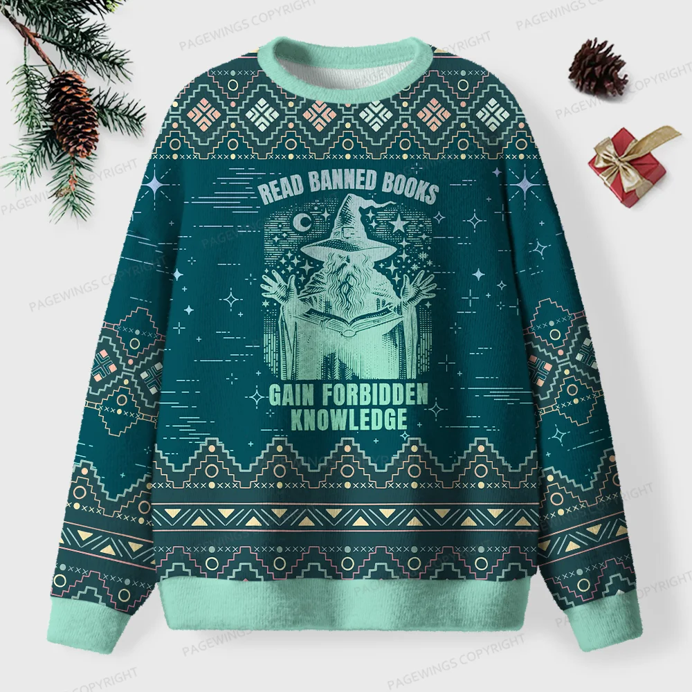 Pagewings Read Banned Books Gain Forbidden Knowledge Unisex Ugly Knit Sweatshirt