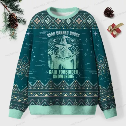 Pagewings Read Banned Books Gain Forbidden Knowledge Unisex Ugly Knit Sweatshirt