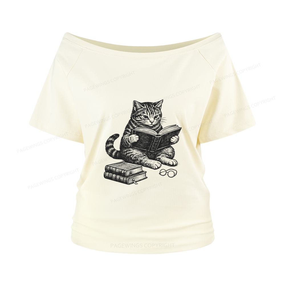 Pagewings Cat Reading Book Women Off Shoulder T-shirts