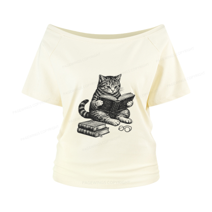 Pagewings Cat Reading Book Women Off Shoulder T-shirts