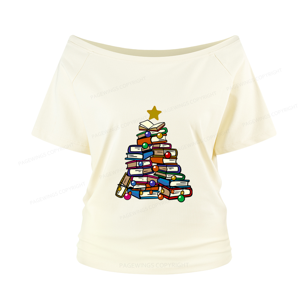 Pagewings Christmas Tree Bookworm Women Off Shoulder T-shirts