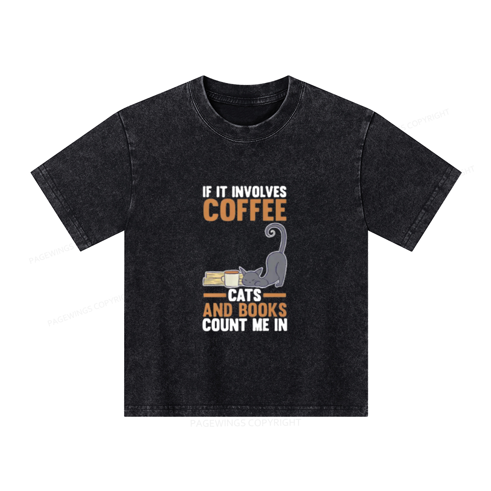 Pagewings Cats Reading Books Coffee T Shirts Unisex Kids Washed T-shirt