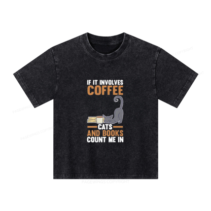 Pagewings Cats Reading Books Coffee T Shirts Unisex Kids Washed T-shirt