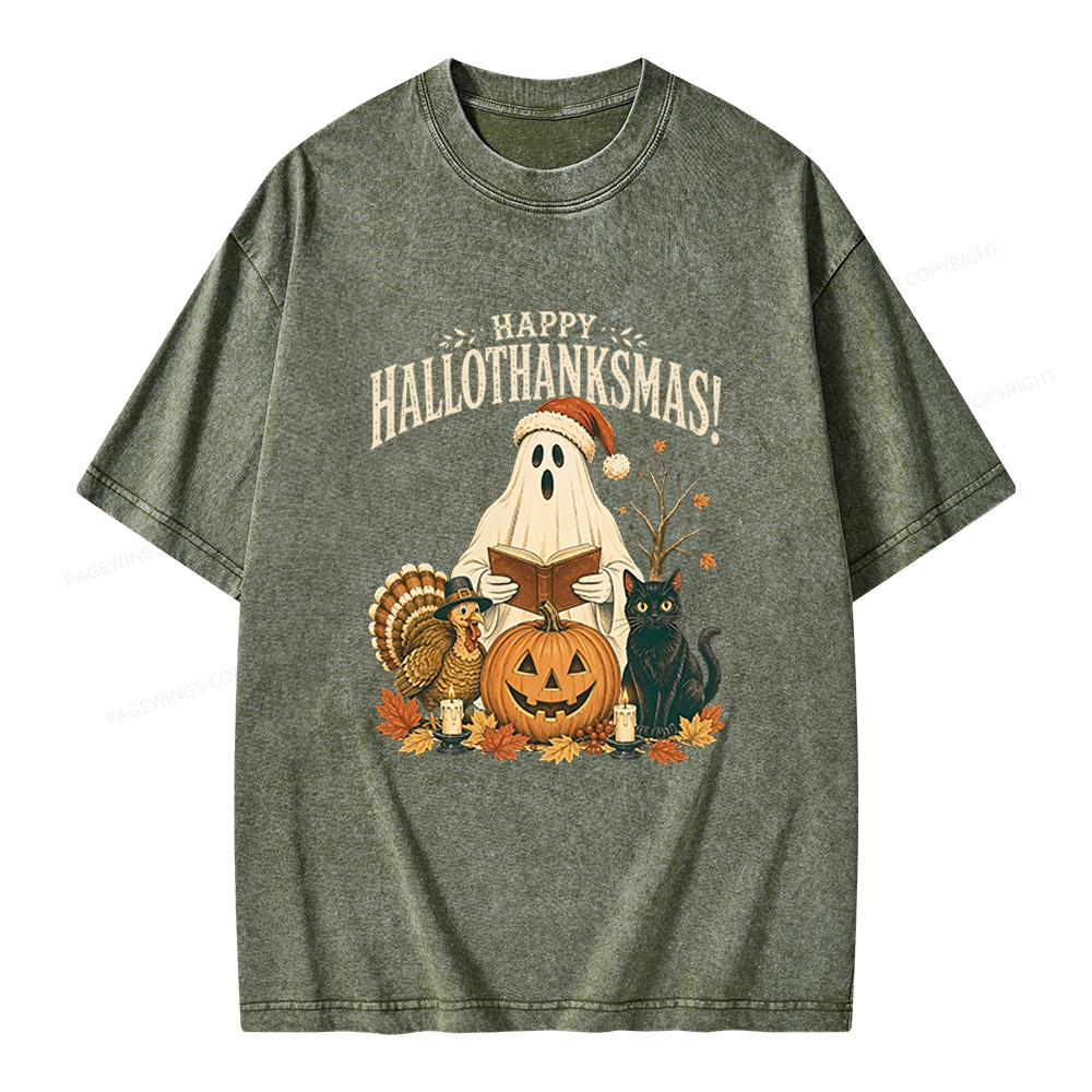 Pagewings Happy Hallothanksmas Unisex Washed T-shirt
