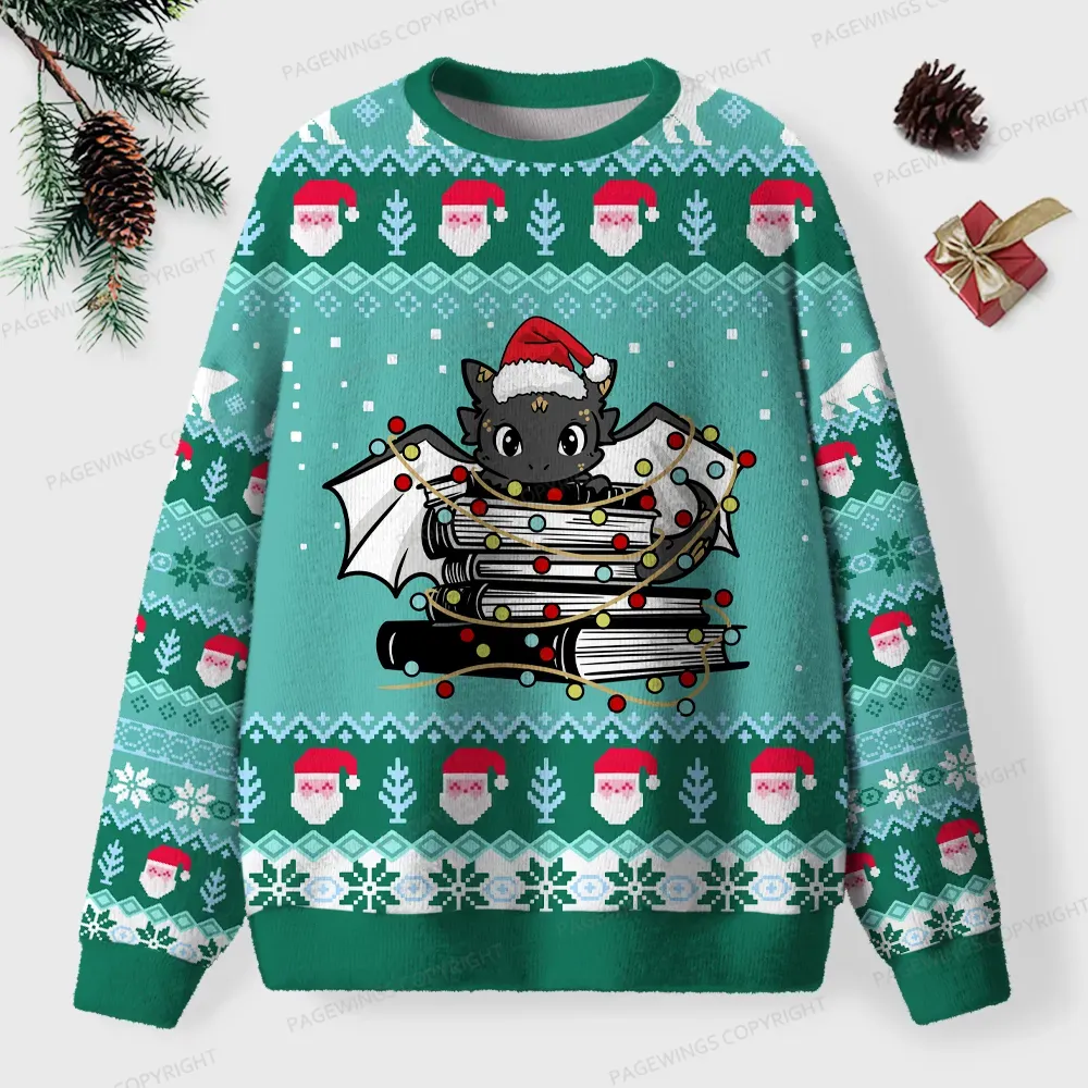 Pagewings Christmas Book Dragon Unisex Ugly Knit Sweatshirt